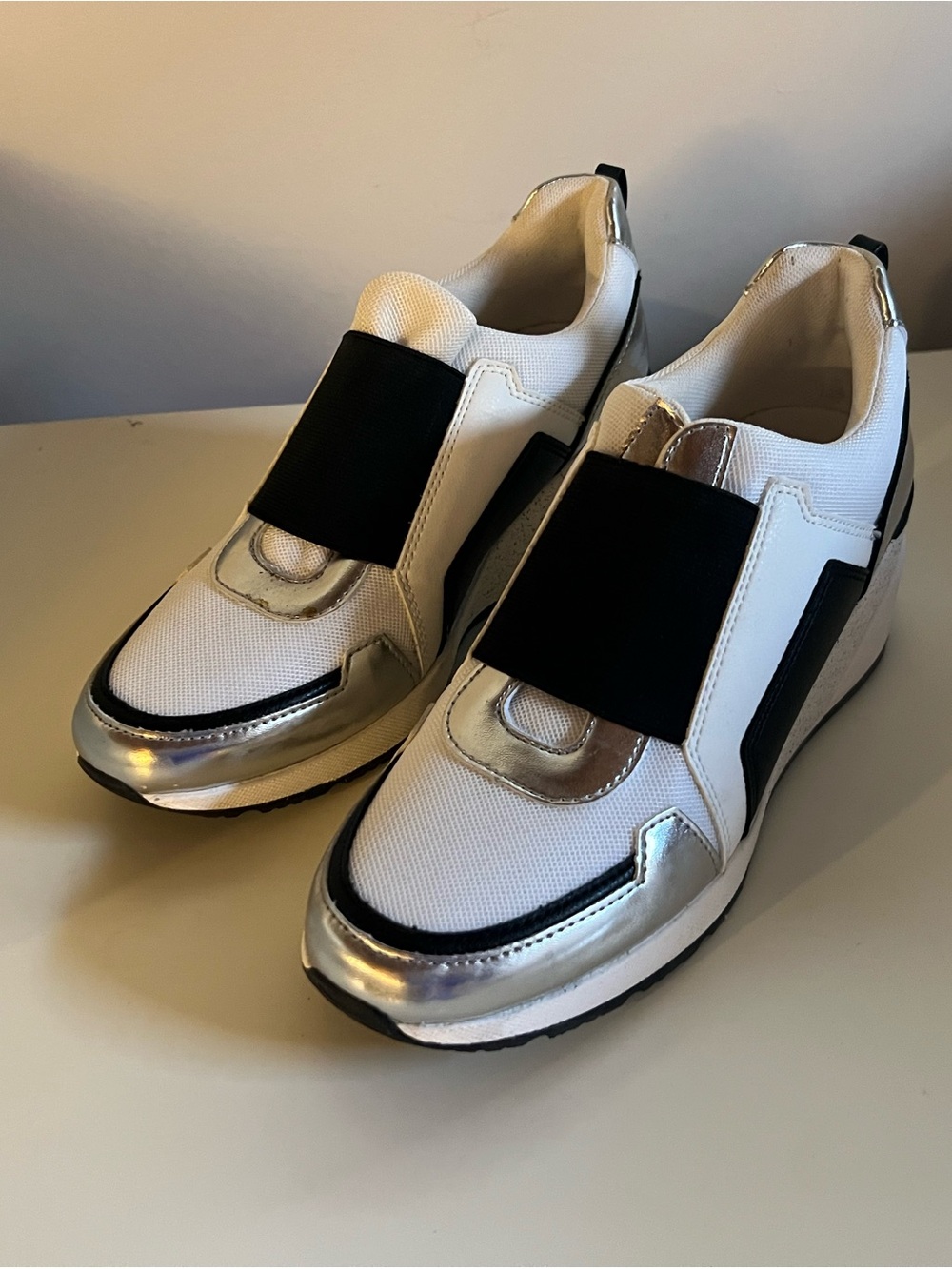 INC International Concepts White and Silver Slip-On Wedge Sneakers
